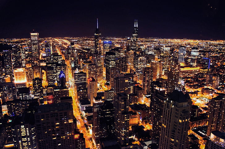 Chicago, noche, urbana, paisaje urbano, horizonte urbano, rascacielos, ciudad de nueva york