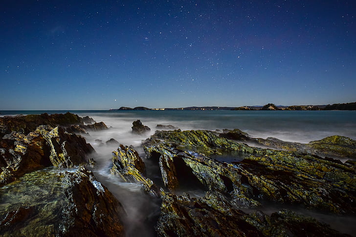 plage, nature, nuit, océan, roches, mer, paysage marin