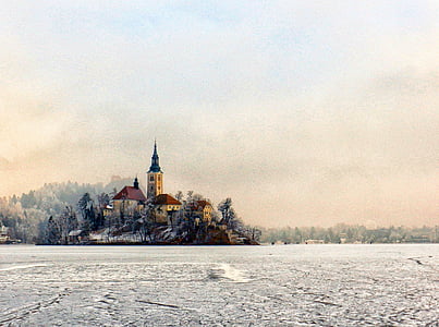 church, island, ice, bled, slovenia, water, lake