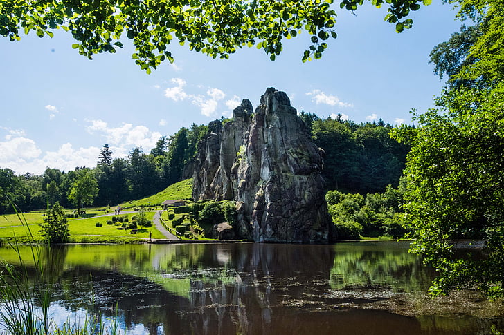 Externsteine, paesaggio, Lago, roccia, pietre di Exter, foresta di Teutoburgo, Formazione di pietra