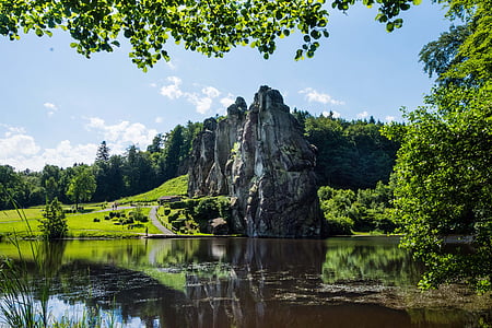 externsteine, ainava, ezers, klints, Exter akmeņi, teutoburg mežs, akmens veidošanos