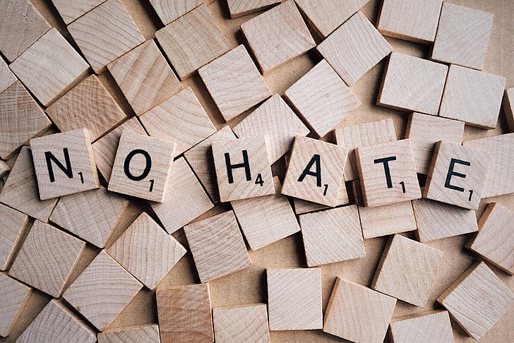 no hate, word, letters, scrabble, wood - material, full frame, communication