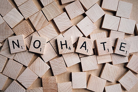 no hate, word, letters, scrabble, wood - material, full frame, communication
