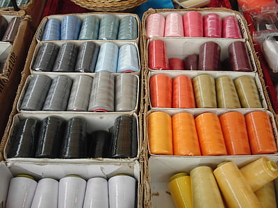 yarn, spools of thread, market, color, stand
