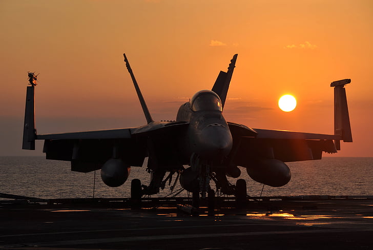 militär jet, solnedgång, siluett, flygplan, f-18, Super hornet, besättning
