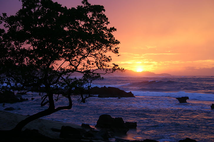 Západ slunce, Puerto, Rico, oceán, kameny, krajina, voda