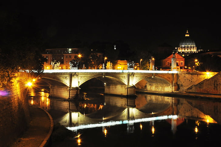Řím, Tiber, San pietro, Most, noční, řeka, Most - člověče strukturu
