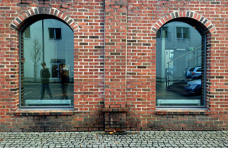Brickwall, byen, symmetri, murstein, skolen, Brick bygningen