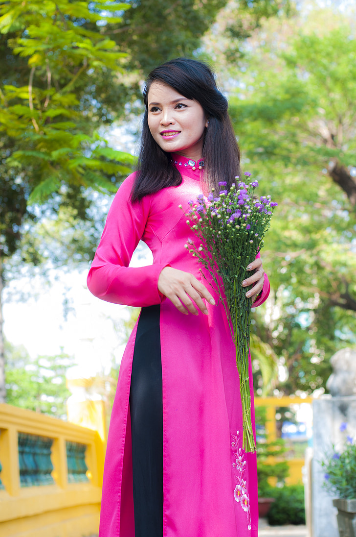 casaco longo, -de-rosa, menina, jovem, fresco, Vietname, camisa