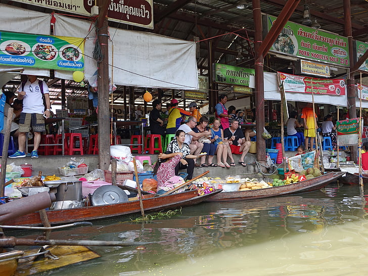 Damnoen Saduak plaukiojančius rinkos, Tailandas, tradicinis, Bankokas, vandens, prekyvietės, žmonės