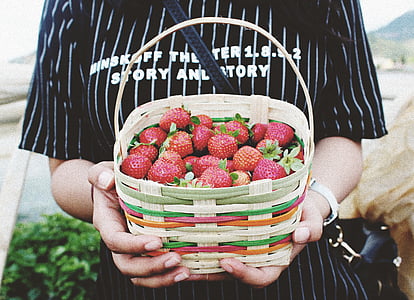 basket, berries, food, fruits, hands, strawberries, midsection