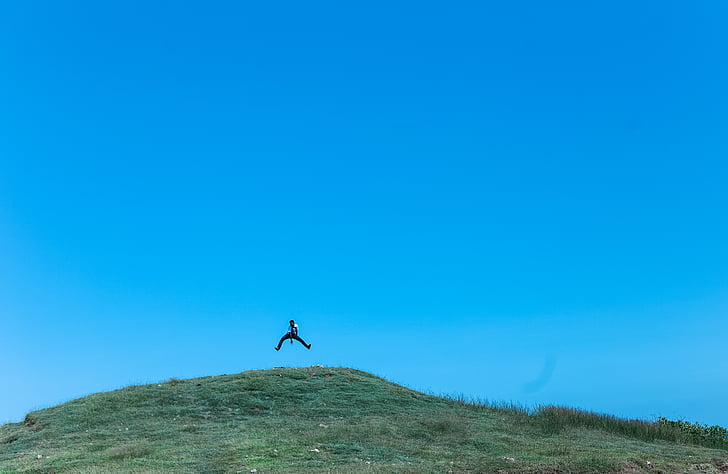 person, man, male, jumping, top, hill, happy