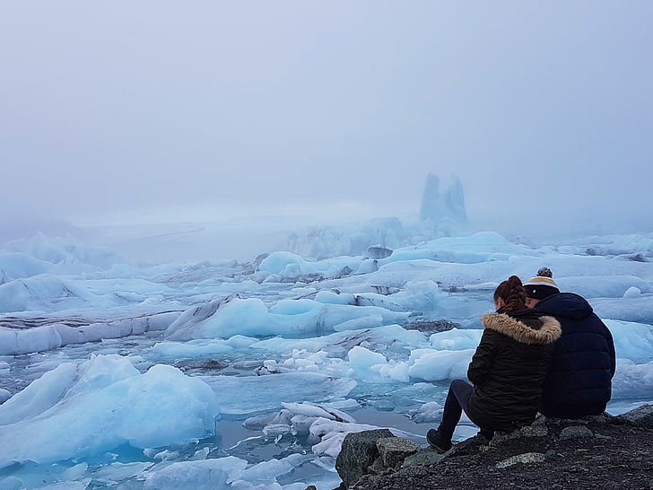 Jokulsaurlounas, Islandija, meilė, pora, marių, mėlynas ežeras, laimės