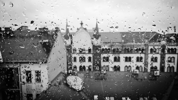 architecture, black-and-white, buildings, city, dewdrops, drops, facade