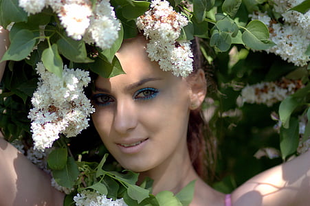 girl, lilac, flower, white, beauty, portrait, spring