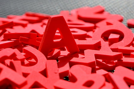 brieven, moosgummi, rood, alfabet