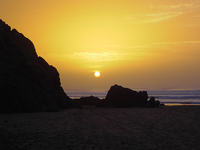 sunset, silhouette, beach, ocean, rocks, dusk, twilight