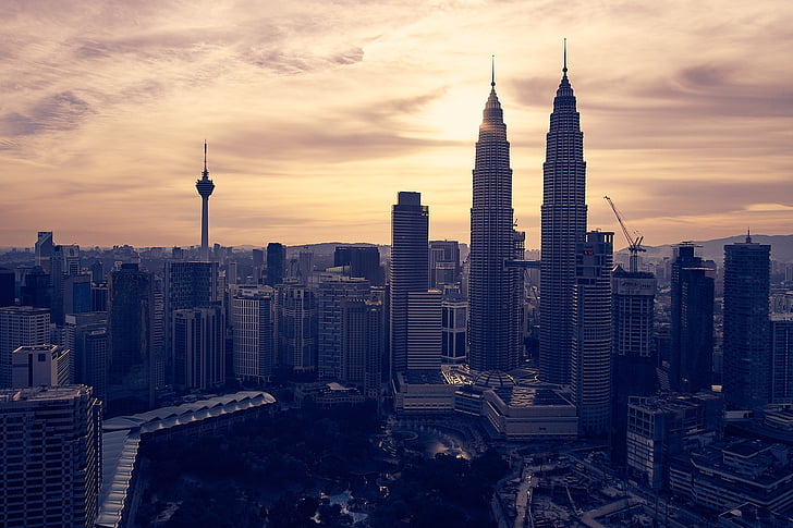 Малайзія, Куала-Лумпур, Захід сонця, KLCC, Будівля, Орієнтир, Архітектура