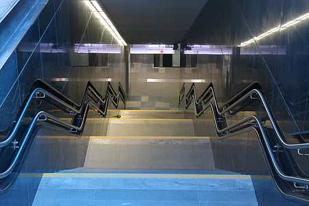 cầu thang, underpass, tàu điện ngầm, màu xanh, màu sắc, sắc thái của, đối xứng
