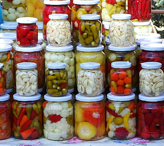 inlagda grönsaker, pickles, mat, variation, jar, val, vegetabiliska