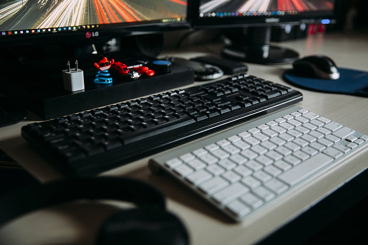 чорний, білий, комп'ютер, клавішні, офіс, стіл, клавіатура