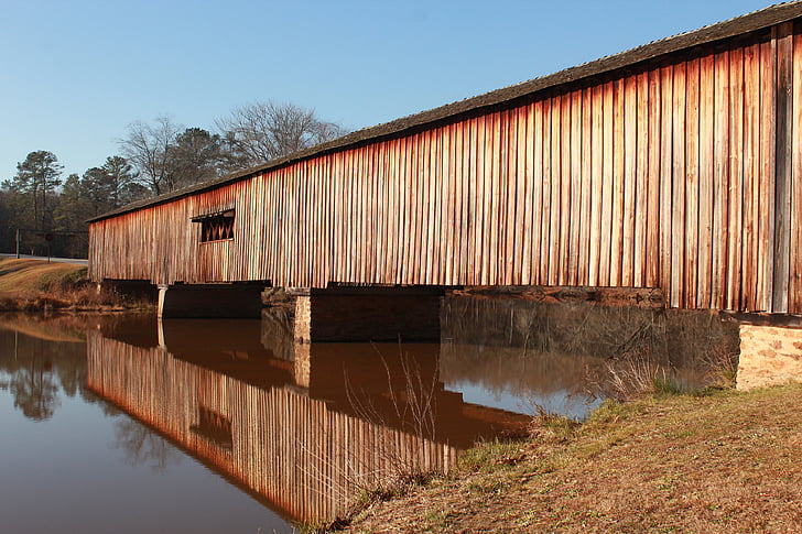 covered, bridge, reflection, lake, wooden, wood, historic