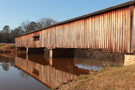 covered, bridge, reflection, lake, wooden, wood, historic