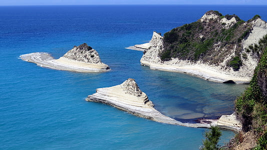 Cove, pludmale, klints, tirkīza, Korfu, jūra, kaļķakmens