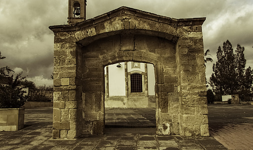 Gate, ingang, steen, oude, het platform, kerk, psimolofou