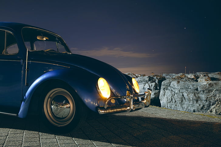 coche, clásico, faros, noche, vehículo, Vintage, Volkswagen