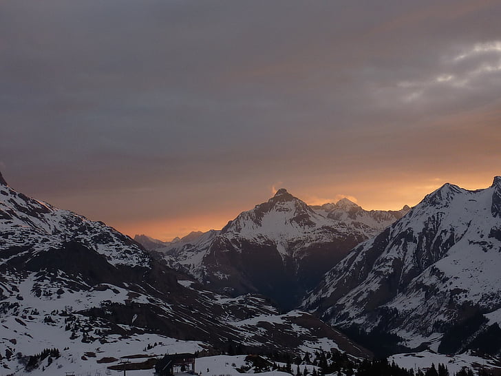 Mountain, kriegerhorn, Lech am arlberg, snö, soluppgång, Alpin, bergen