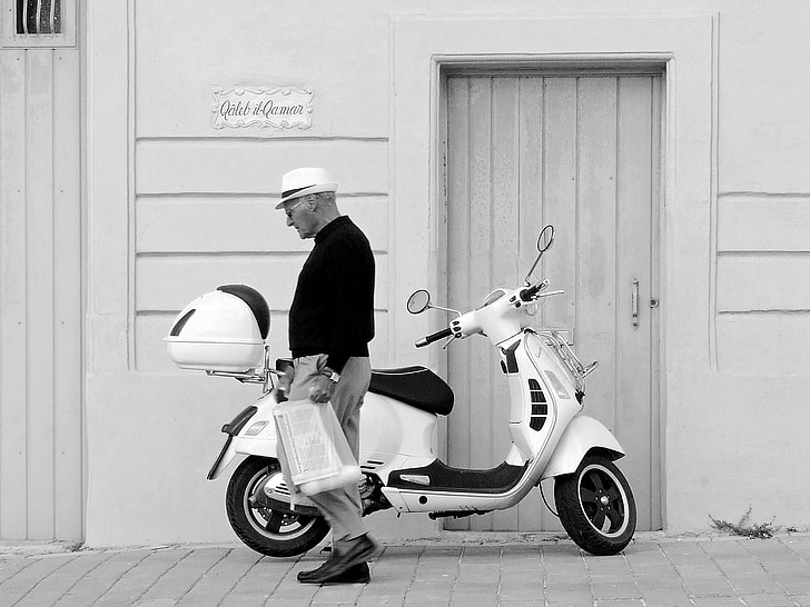 vespa, scooter, man, walking, motorcycle, transport, urban