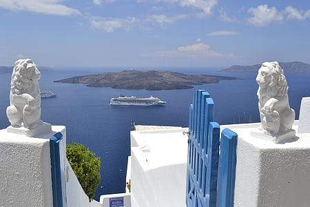 kraštovaizdžio, Santorini, Mar, vartai, liūtai, mėlyna, balta