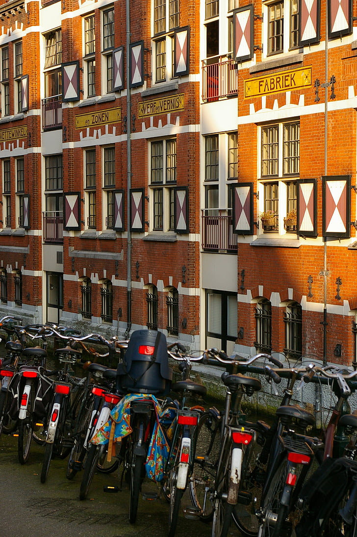 Амстердам, велосипеди, тухлена къща, Колела, градски сцена, улица, архитектура