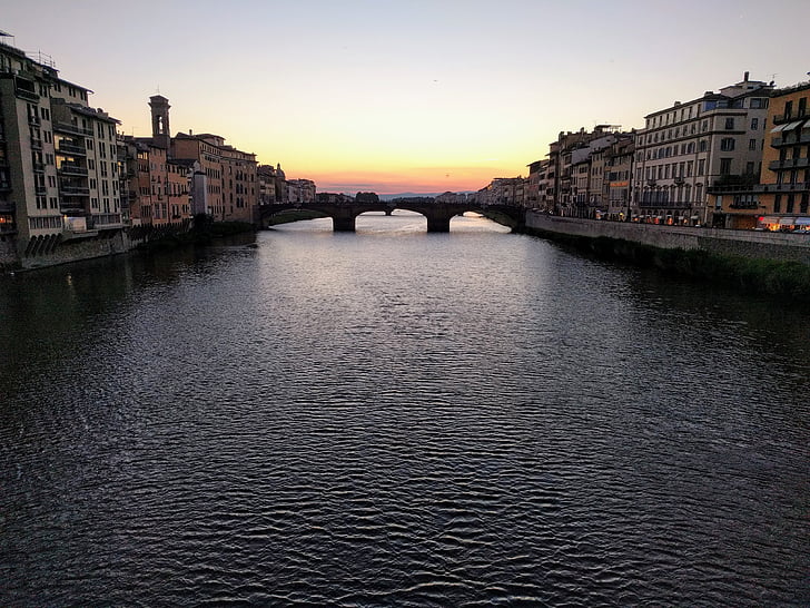 zonsondergang, rivier, Arno, landschap, brug, Florence, Firenze