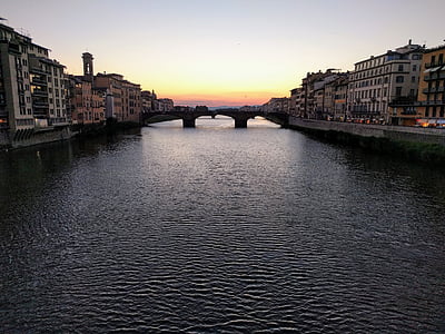 solnedgång, floden, Arno, landskap, Bridge, Florens, Firenze