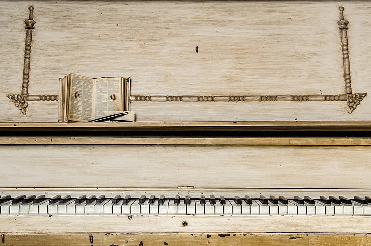 beige, upright, piano, music, instruments, keys, books