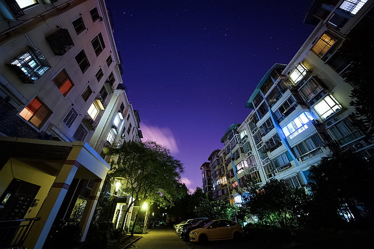 cel estrellat, nit, edifici, carrer, Panorama urbà