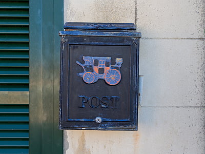 Post, postaláda, ládák, kék, fal, haza, ablak