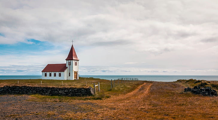 Gereja, laut, Islandia, suasana hati, musim gugur, kesepian, tenang