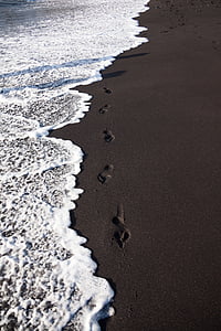 stranden, spår, Sand, svart, barfota, spår, fotavtryck