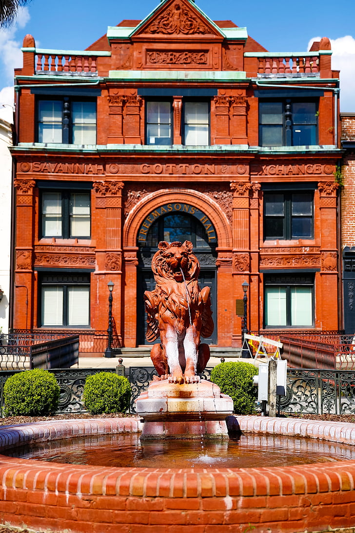 Savannah, fontána, historické, budova, červená