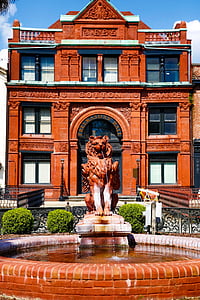 savannah, fountain, historic, building, red