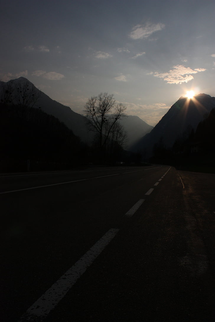 road, sunset, abendstimmung, tree, mountain, sky, auto