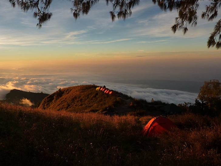 Camping, bergtop, bergtop, natuur, zee van wolken, hemel, zonsopgang