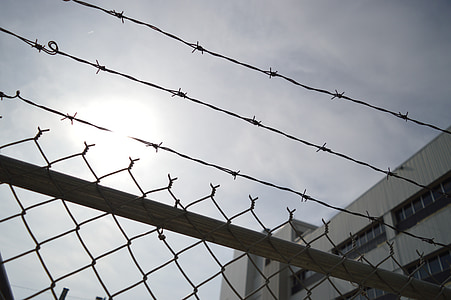 barbed wire, chain link, fence, prison, metal, barrier, mesh