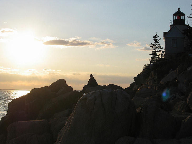 Acadia national park, Maine, obloha, mraky, Západ slunce, muž, kameny