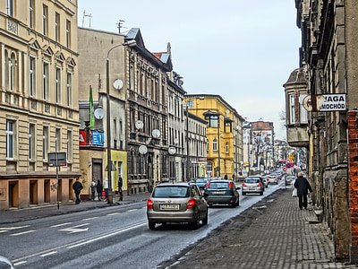 jadwigi street, bydgoszcz, road, street, city, facades, traffic