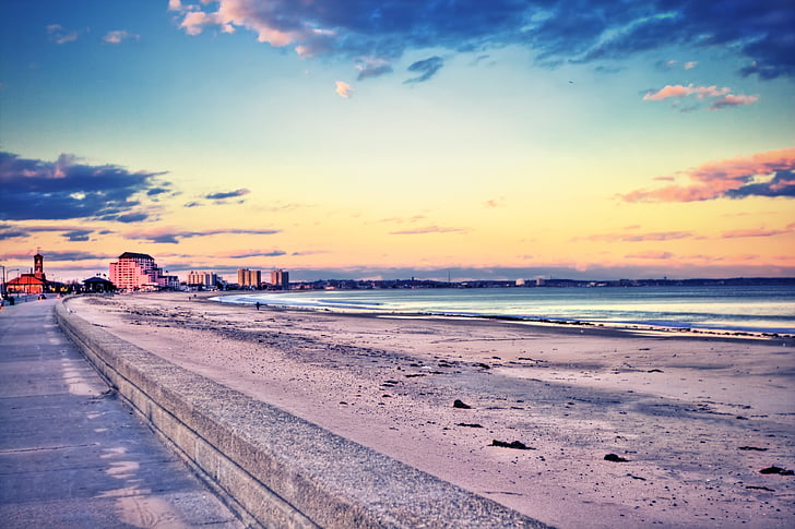 Playa, edificios, nubes, paisaje, naturaleza, Océano, al aire libre