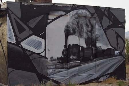 поезд, пара, живопись, железная дорога, дым, двигатель, граффити
